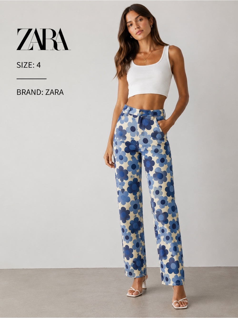 Zara Cream Pants with Blue Floral Print